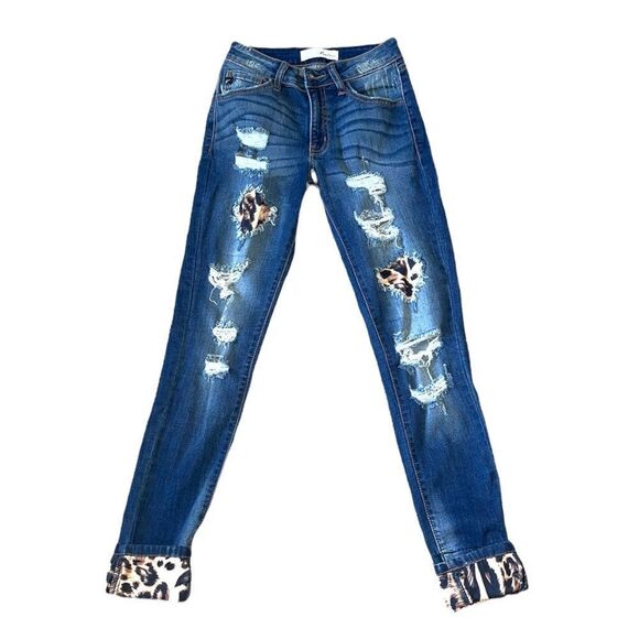 Kancan Womens Vienna Mid Rise Leopard Patch Super Skinny Jeans - Picture 2 of 15